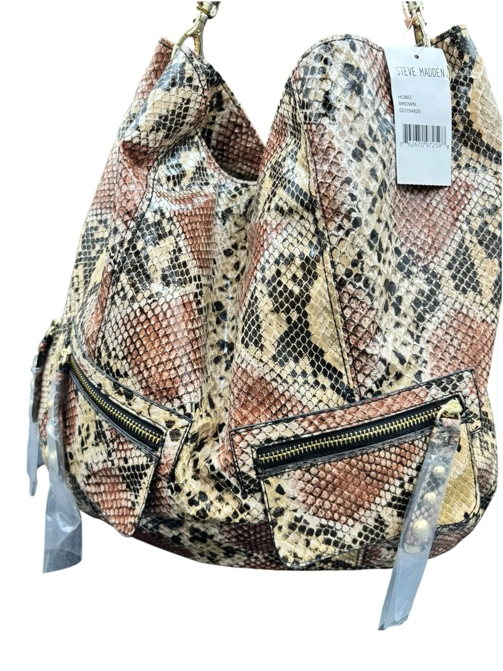 Steve Madden Faux Snakeskin Print Hobo Shoulder Bag Brown Gold Hardware NWT